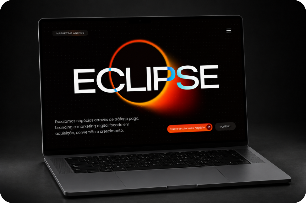 Projeto conceitual para agência de marketing exibido em notebook e celular